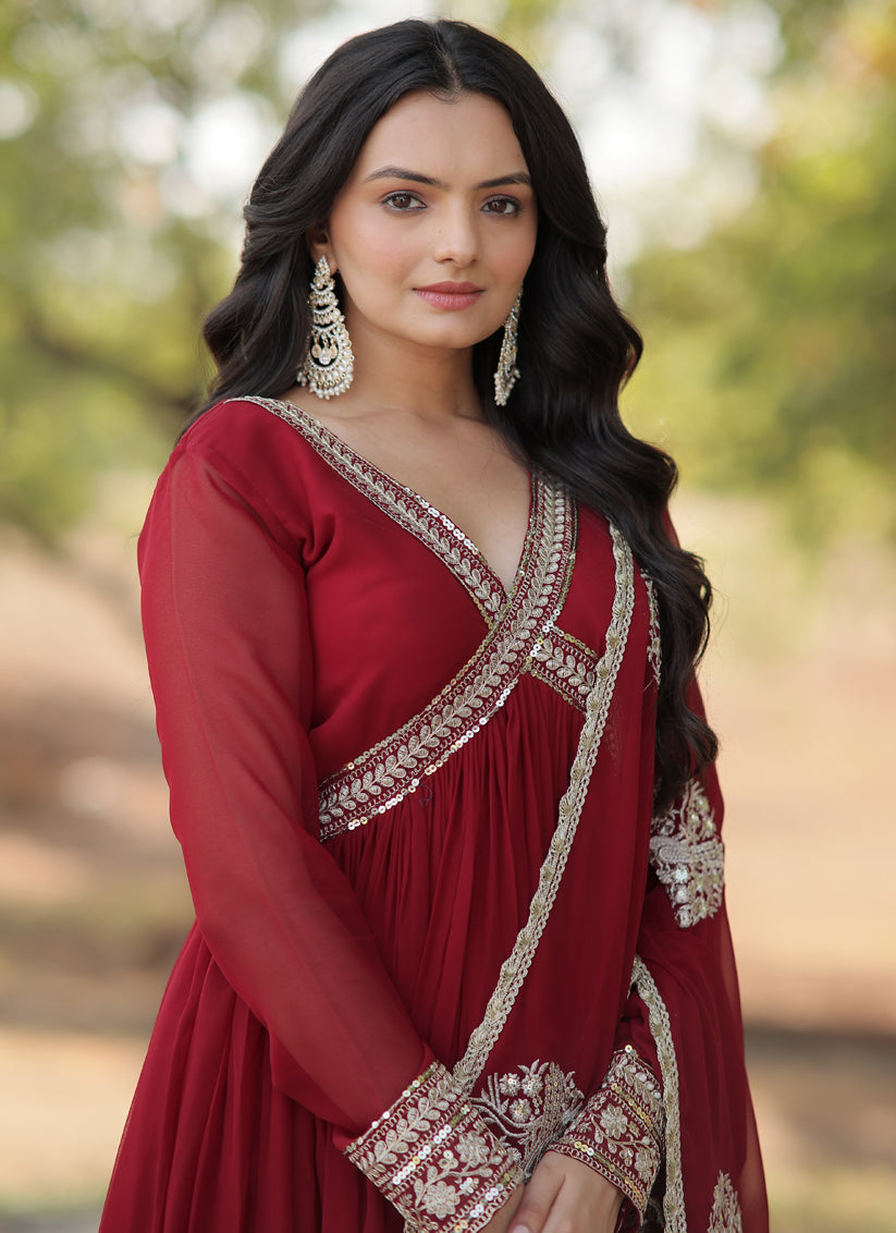 Maroon Faux Georgette Embroidered Gown