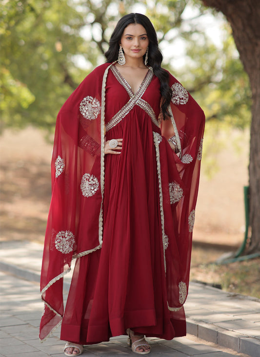 Maroon Faux Georgette Embroidered Gown