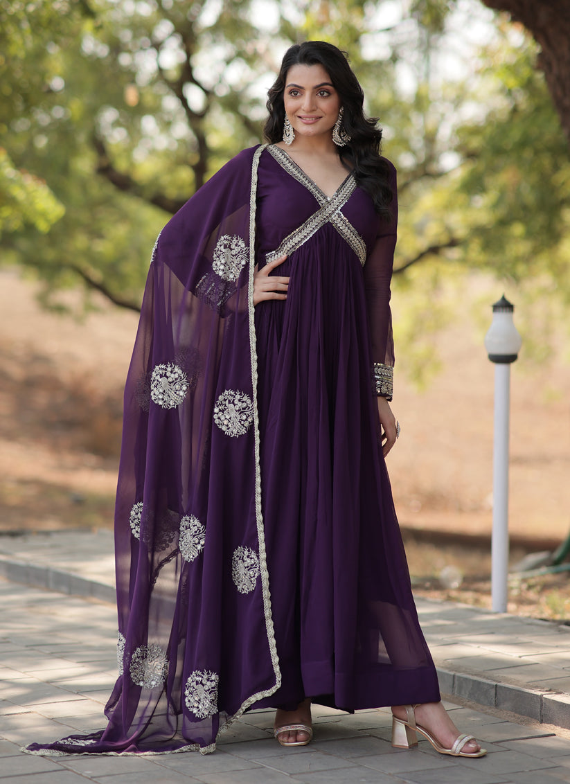 Purple Faux Georgette Embroidered Gown