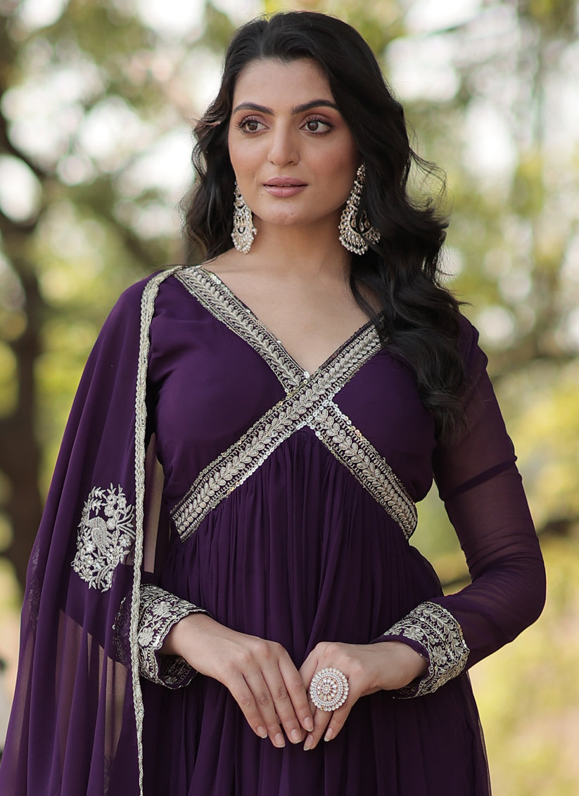 Purple Faux Georgette Embroidered Gown
