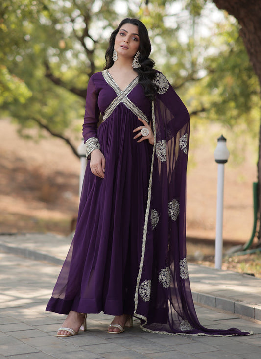 Purple Faux Georgette Embroidered Gown