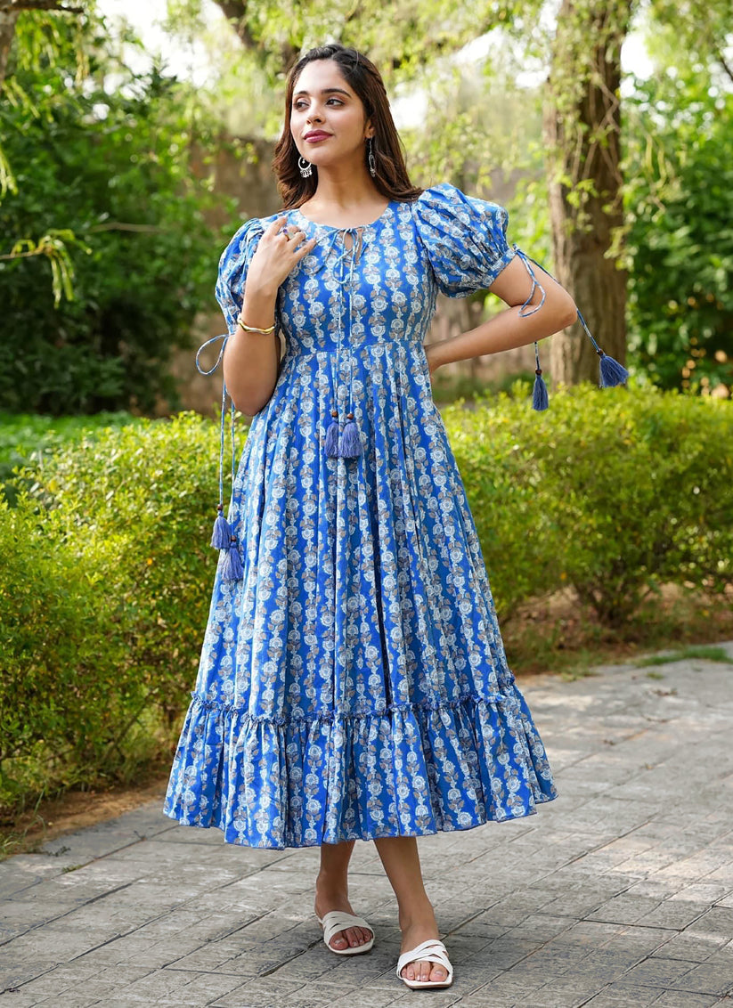 Blue Heavy Rayon Digital Print Readymade Gown