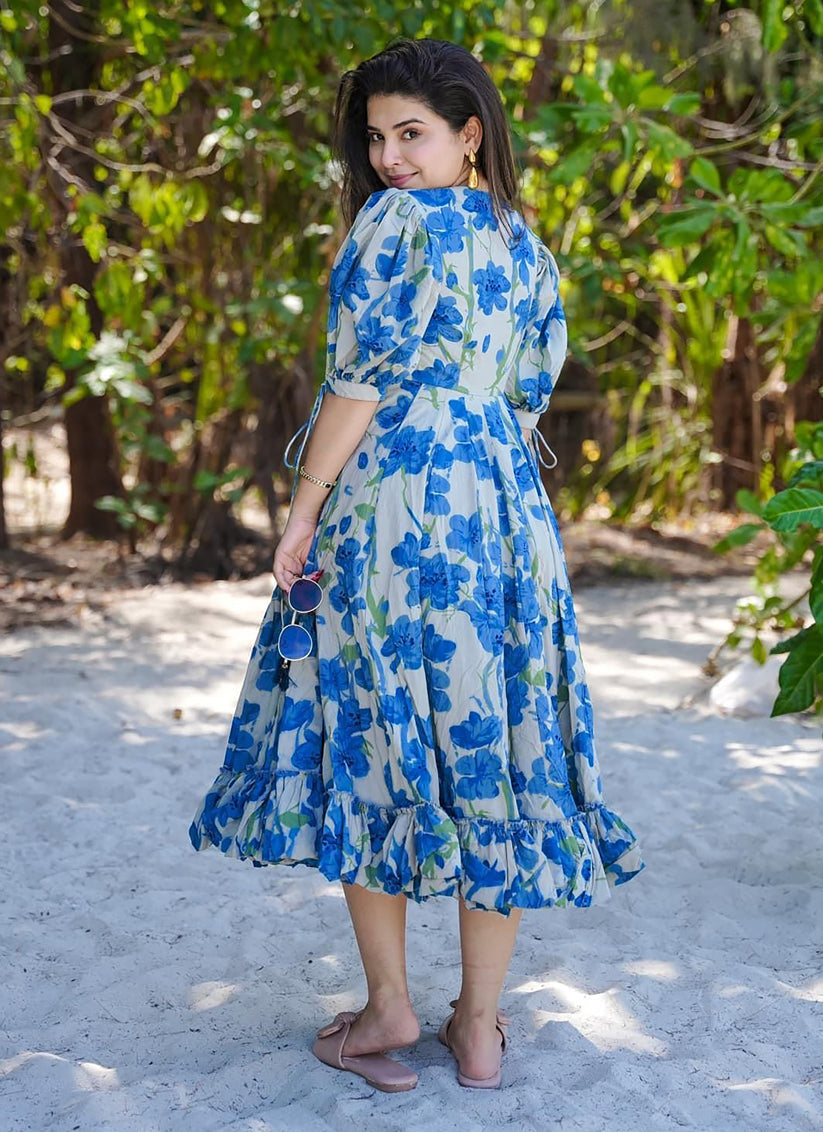 Blue Heavy Rayon Digital Print Readymade Gown