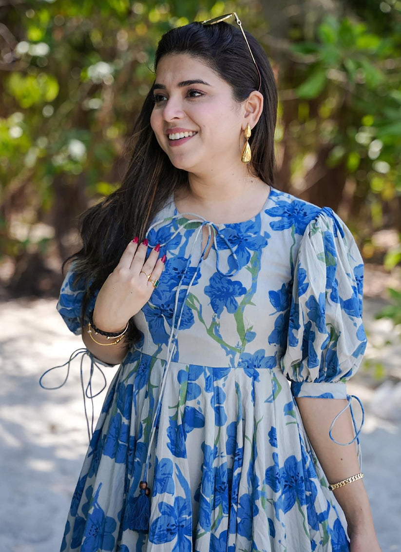 Blue Heavy Rayon Digital Print Readymade Gown