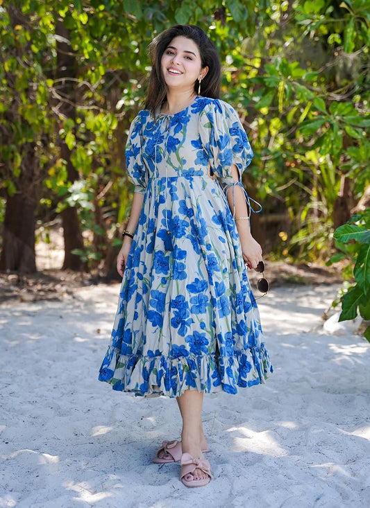 Blue Heavy Rayon Digital Print Readymade Gown