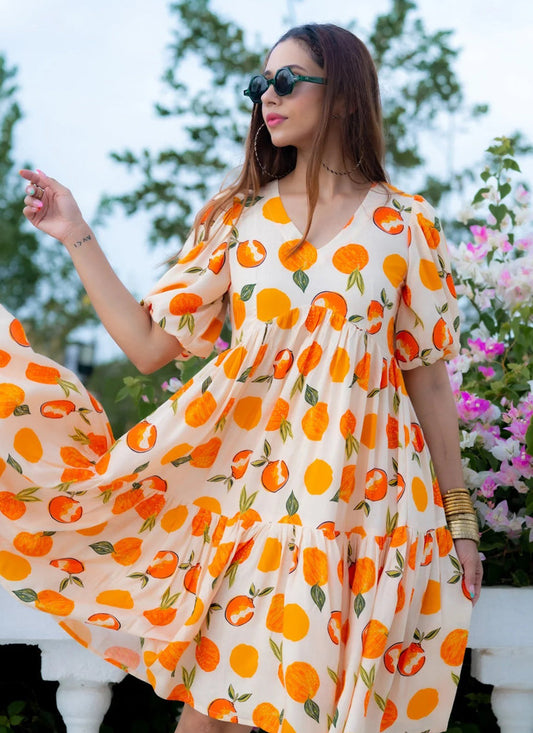 Off White Heavy Rayon Digital Print Readymade Gown