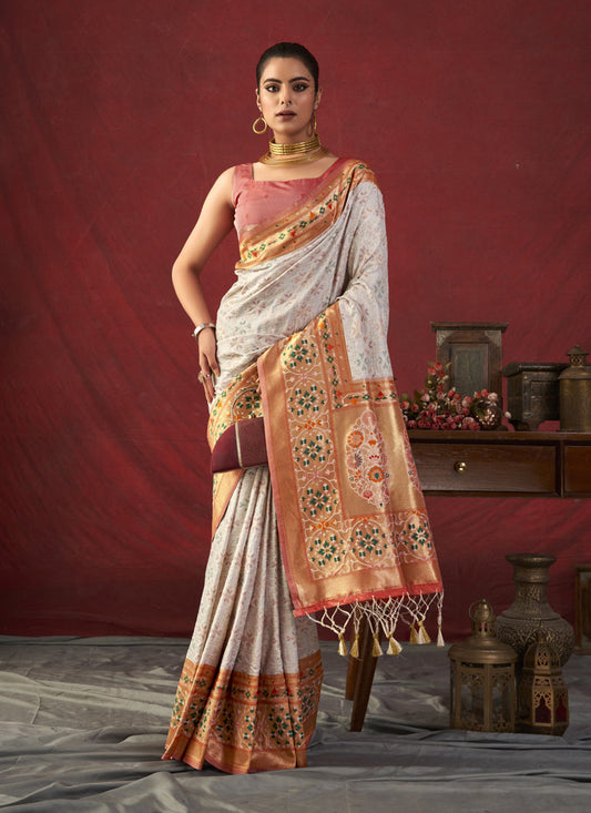 White Paithani Silk Zari Woven Saree For Festival