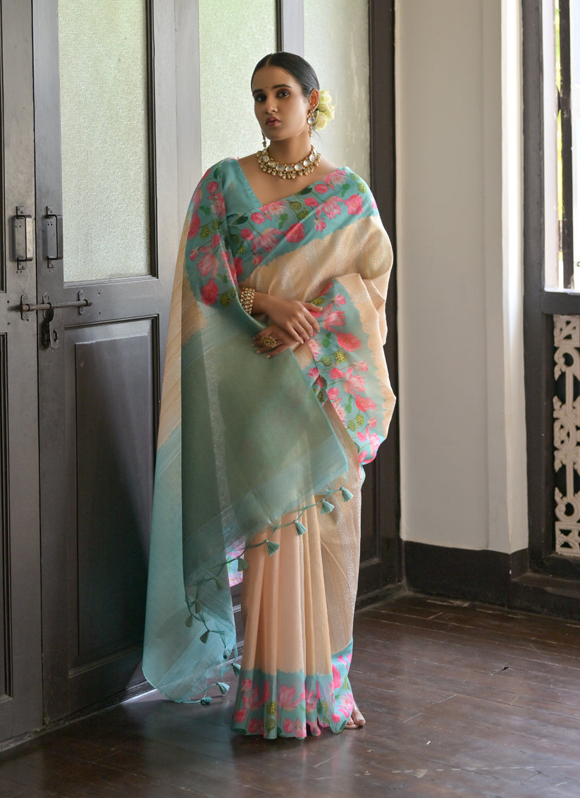 Cream Banarasi Silk Zari Woven Saree For Festival