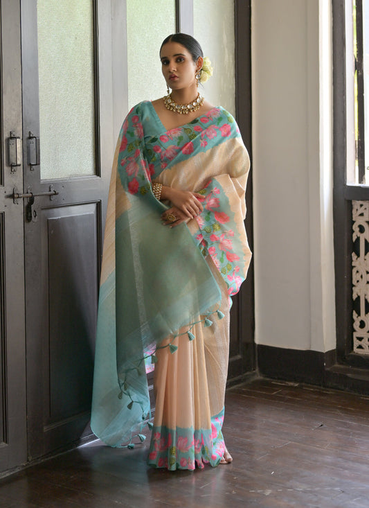 Cream Banarasi Silk Zari Woven Saree For Festival