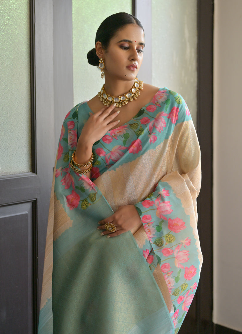 Cream Banarasi Silk Zari Woven Saree For Festival