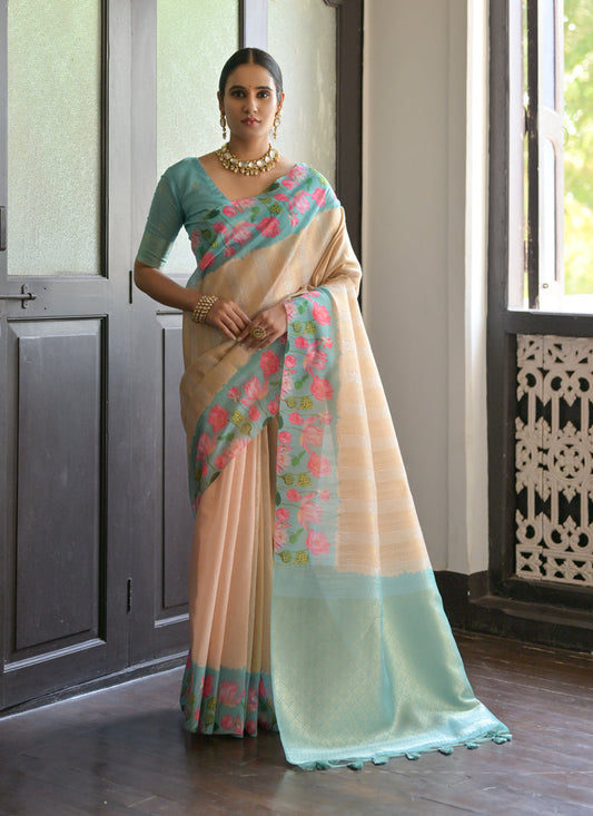 Cream Banarasi Silk Zari Woven Saree For Festival