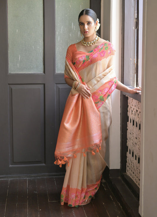 Cream Banarasi Silk Zari Woven Saree For Festival