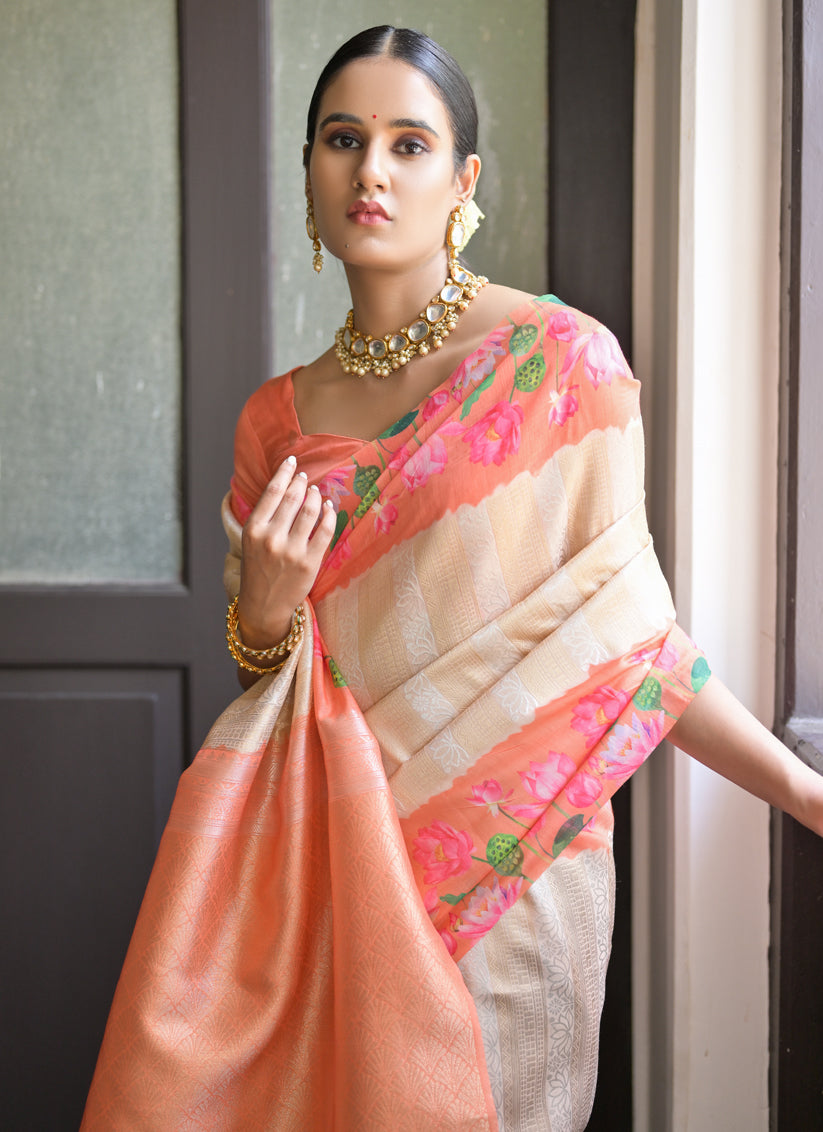 Cream Banarasi Silk Zari Woven Saree For Festival