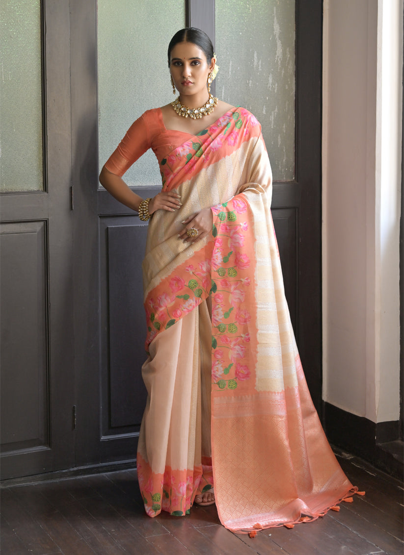 Cream Banarasi Silk Zari Woven Saree For Festival