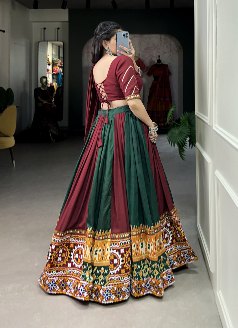 Maroon and Pine Green Rayon Gamthi Work Navratri Specials Chaniya Choli