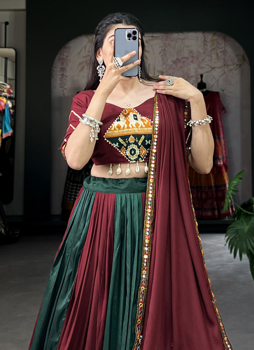 Maroon and Pine Green Rayon Gamthi Work Navratri Specials Chaniya Choli