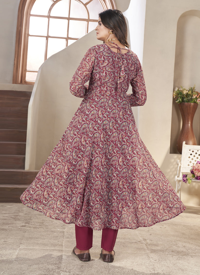 Maroon Georgette Printed Readymade Anarkali Suit