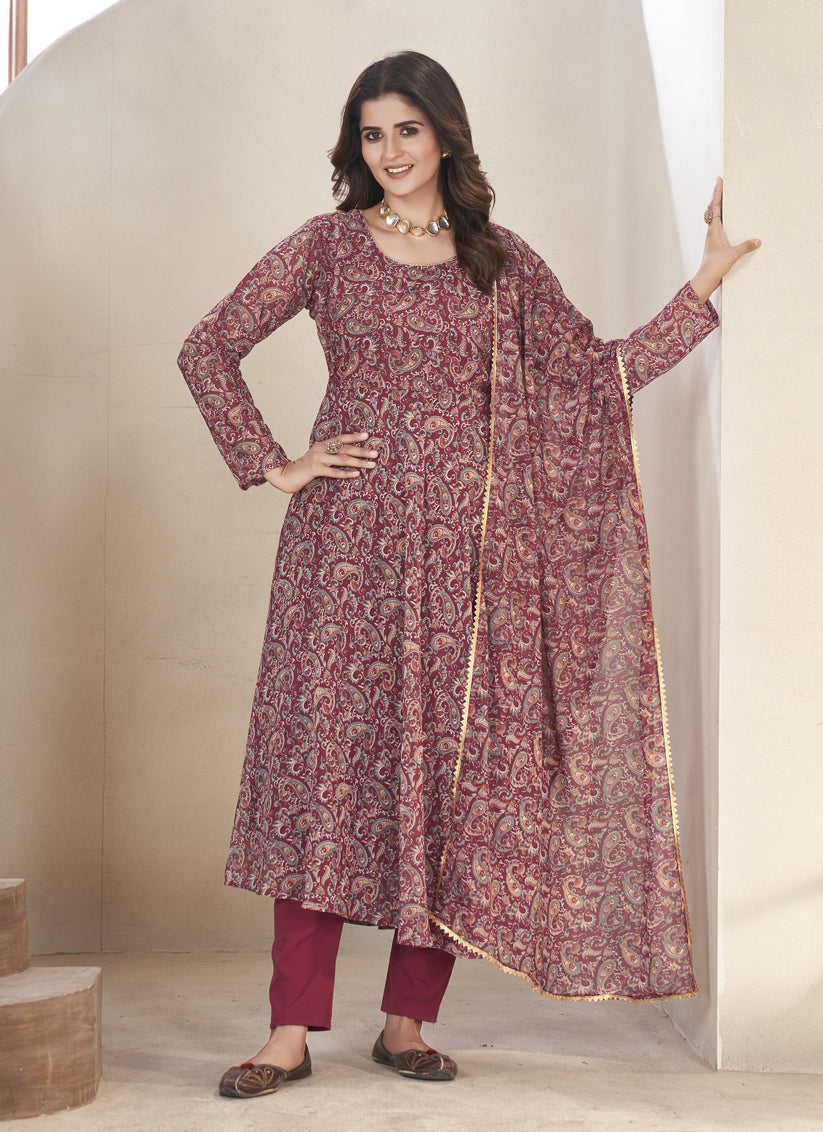Maroon Georgette Printed Readymade Anarkali Suit