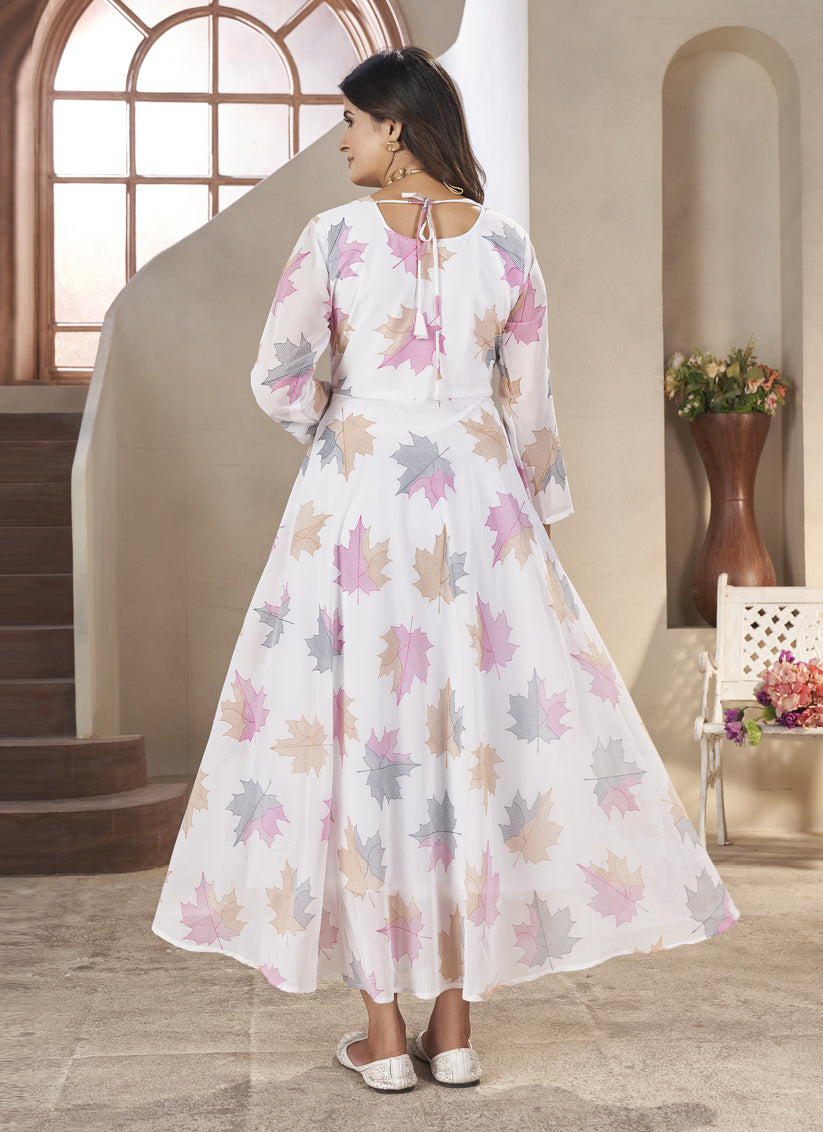 White Georgette Printed Gown wth Dupatta