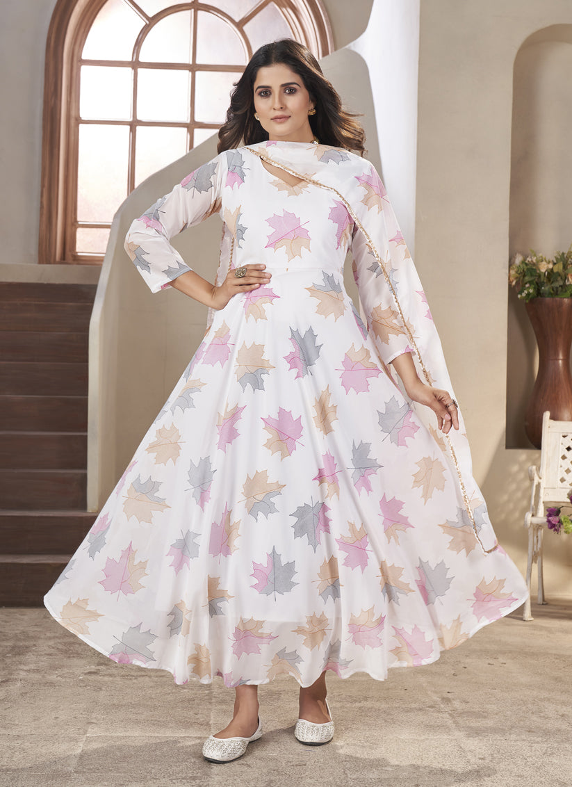 White Georgette Printed Gown wth Dupatta