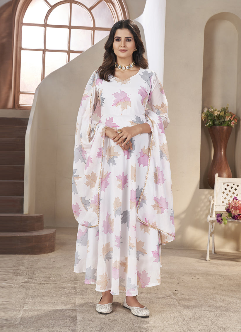 White Georgette Printed Gown wth Dupatta