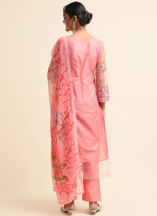 Pink Net Embroidered Pant Kameez Suit
