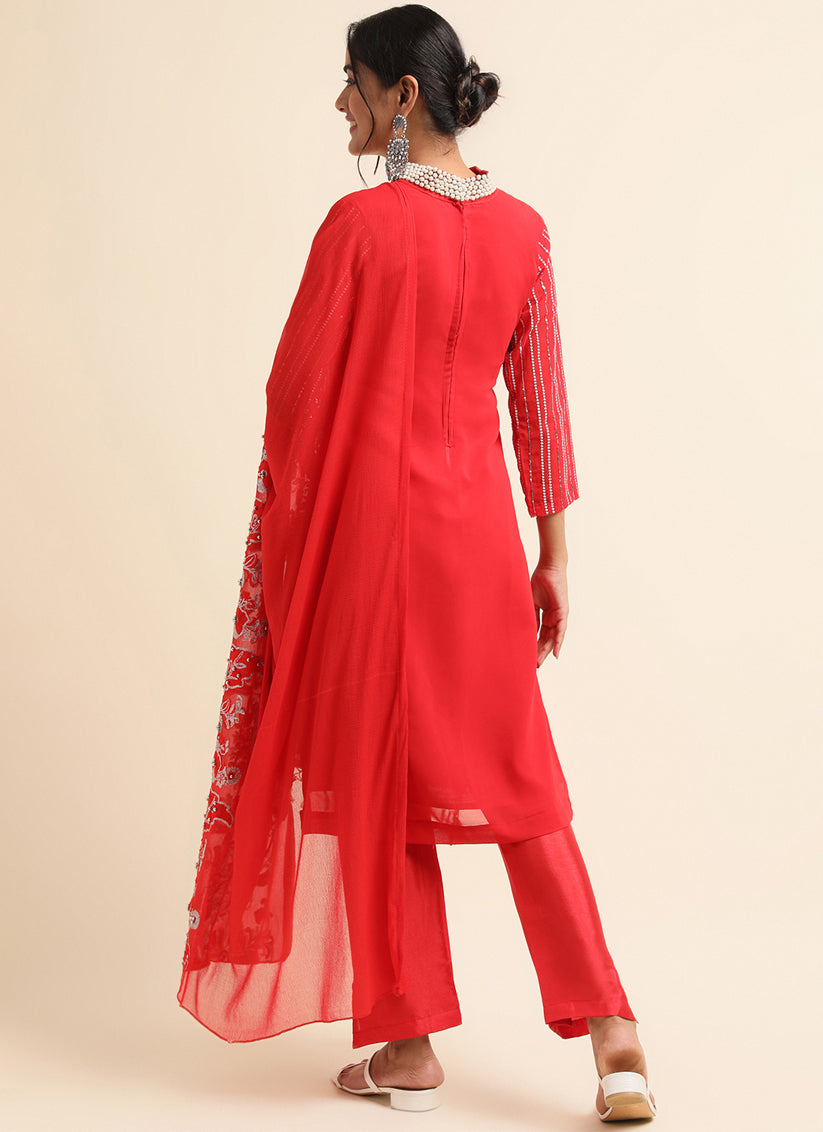 Red Faux Georgette Embroidered Pant Kameez Suit