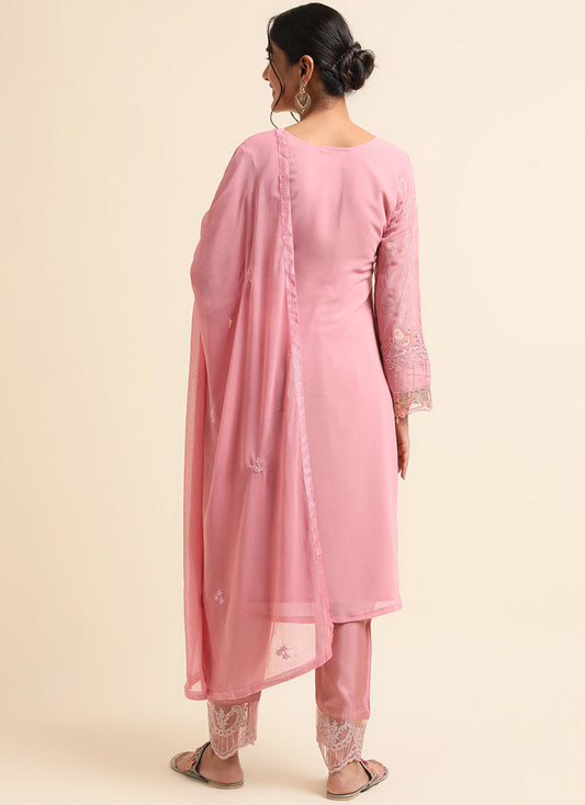 Pink Faux Georgette Embroidered Pant Kameez Suit
