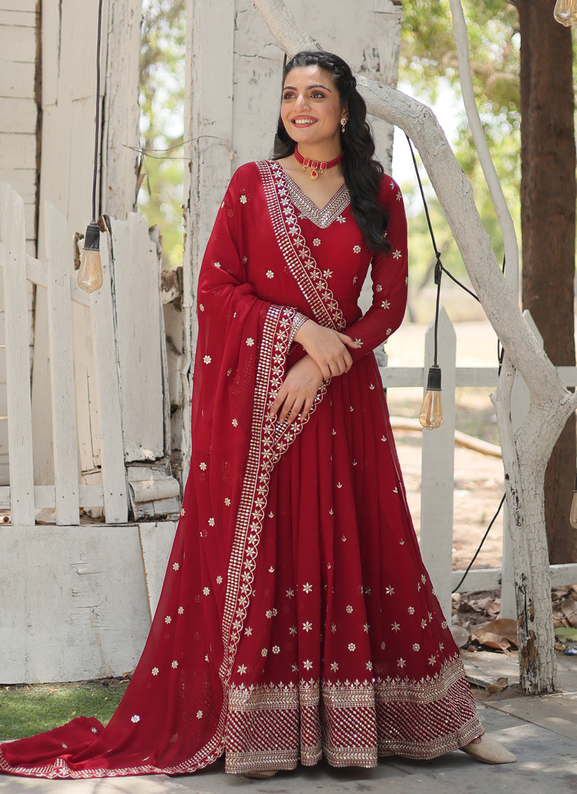 Maroon Faux Georgette Embroidered Gown with Dupatta