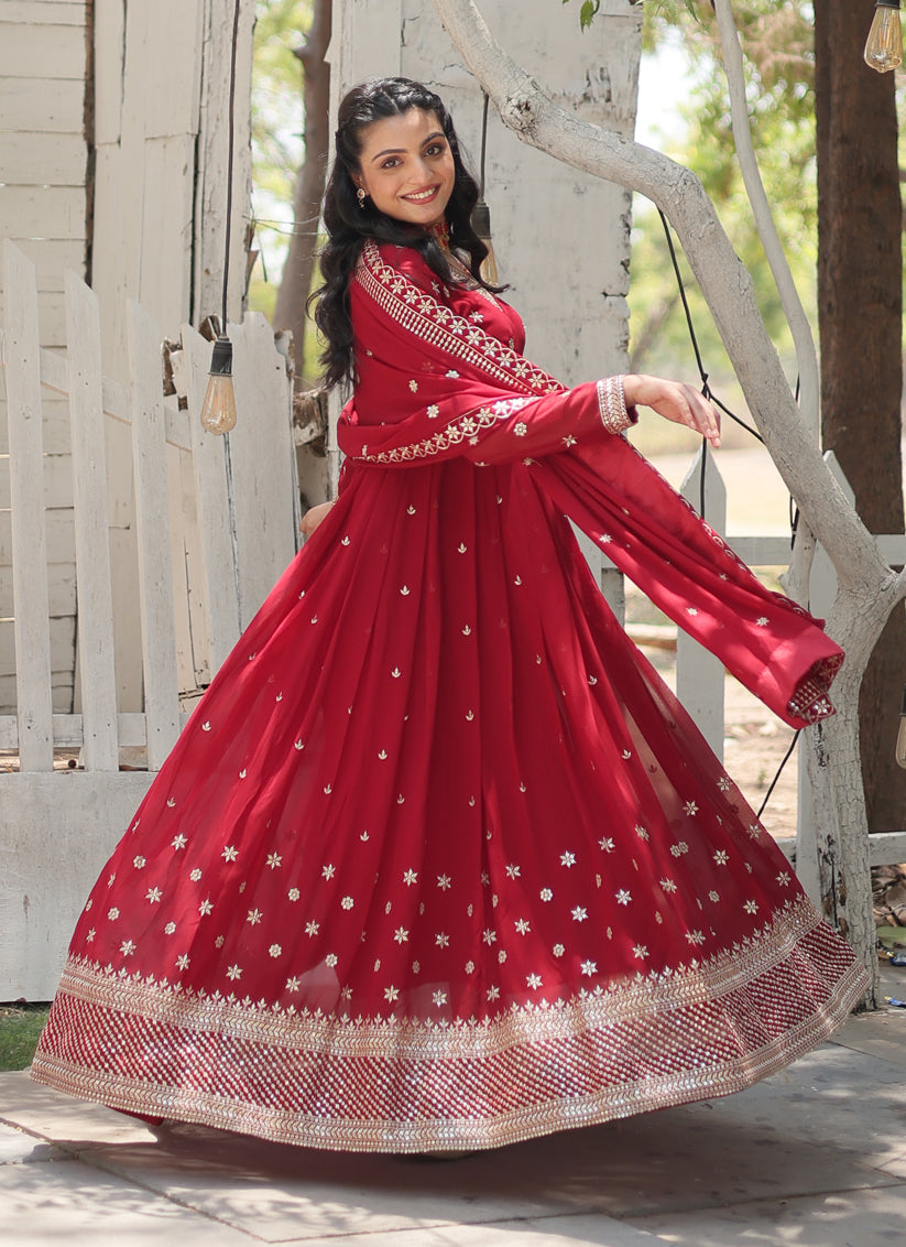 Maroon Faux Georgette Embroidered Gown with Dupatta