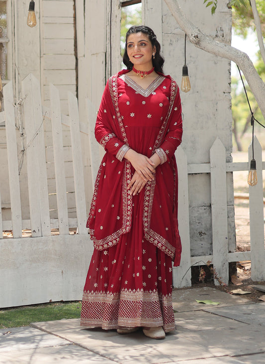 Maroon Faux Georgette Embroidered Gown with Dupatta
