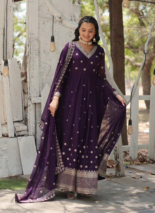 Purple Faux Georgette Embroidered Gown with Dupatta