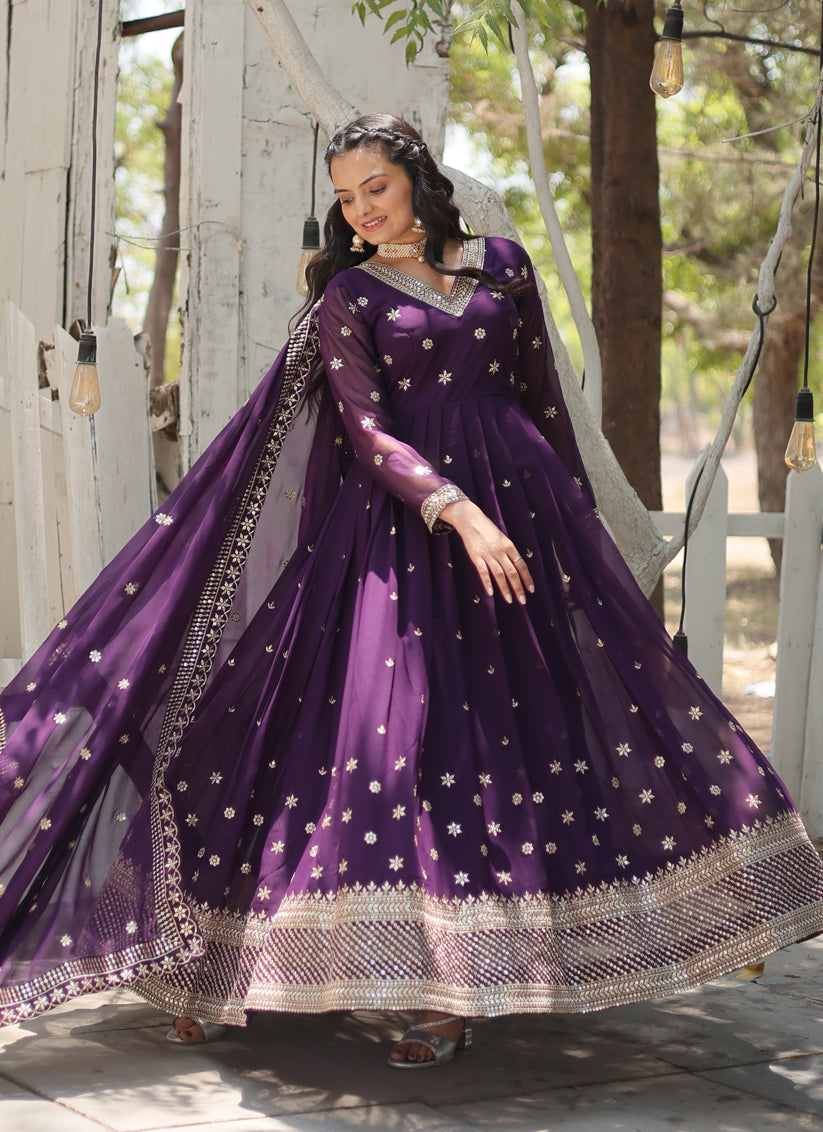 Purple Faux Georgette Embroidered Gown with Dupatta