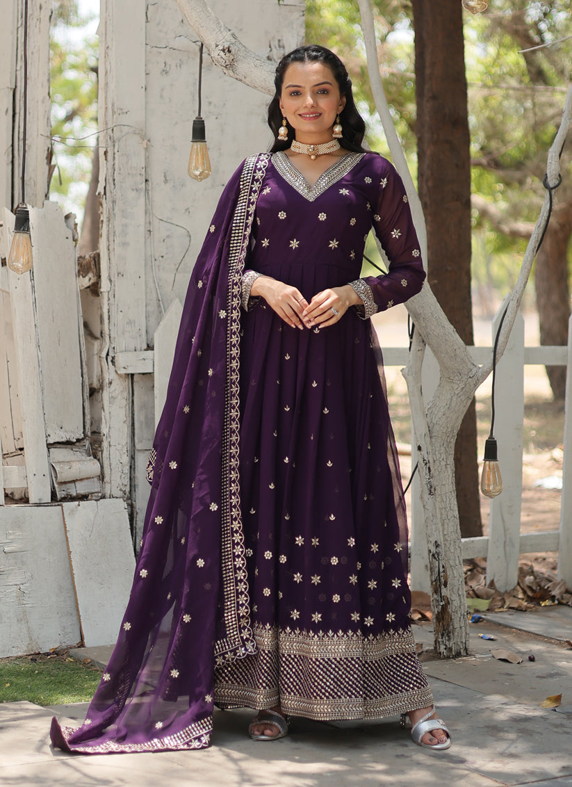 Purple Faux Georgette Embroidered Gown with Dupatta