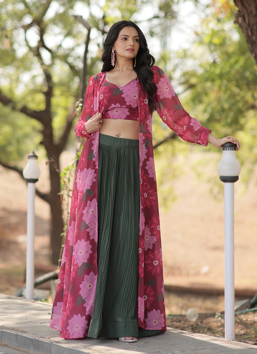 Green Faux Georgette Lehenga with Digital Flower Print Choli and Shrug