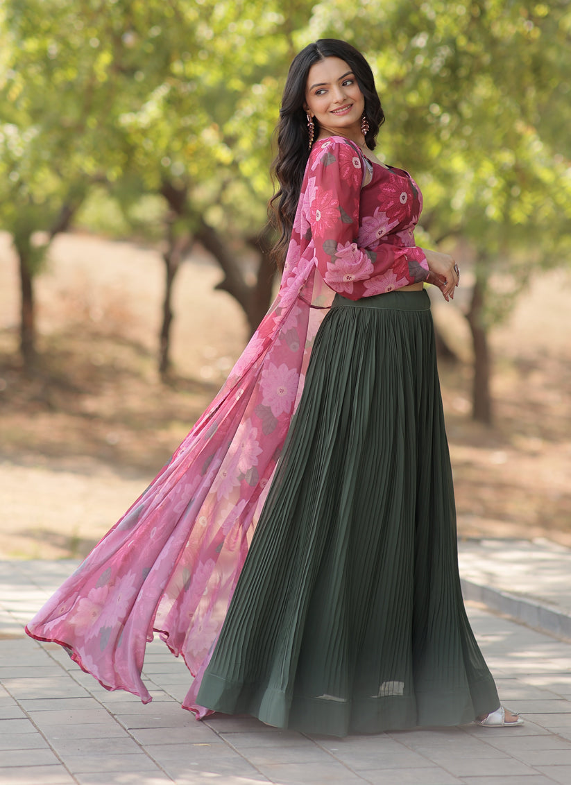 Green Faux Georgette Lehenga with Digital Flower Print Choli and Shrug