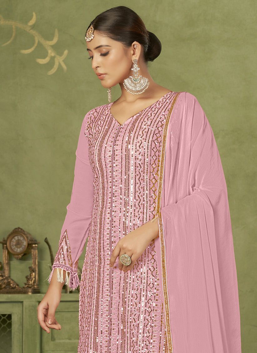 Pink Georgette Embroidered Palazzo Suit