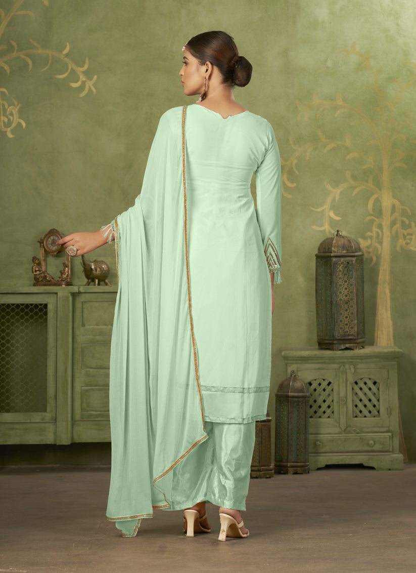 Sea Green Georgette Embroidered Palazzo Suit