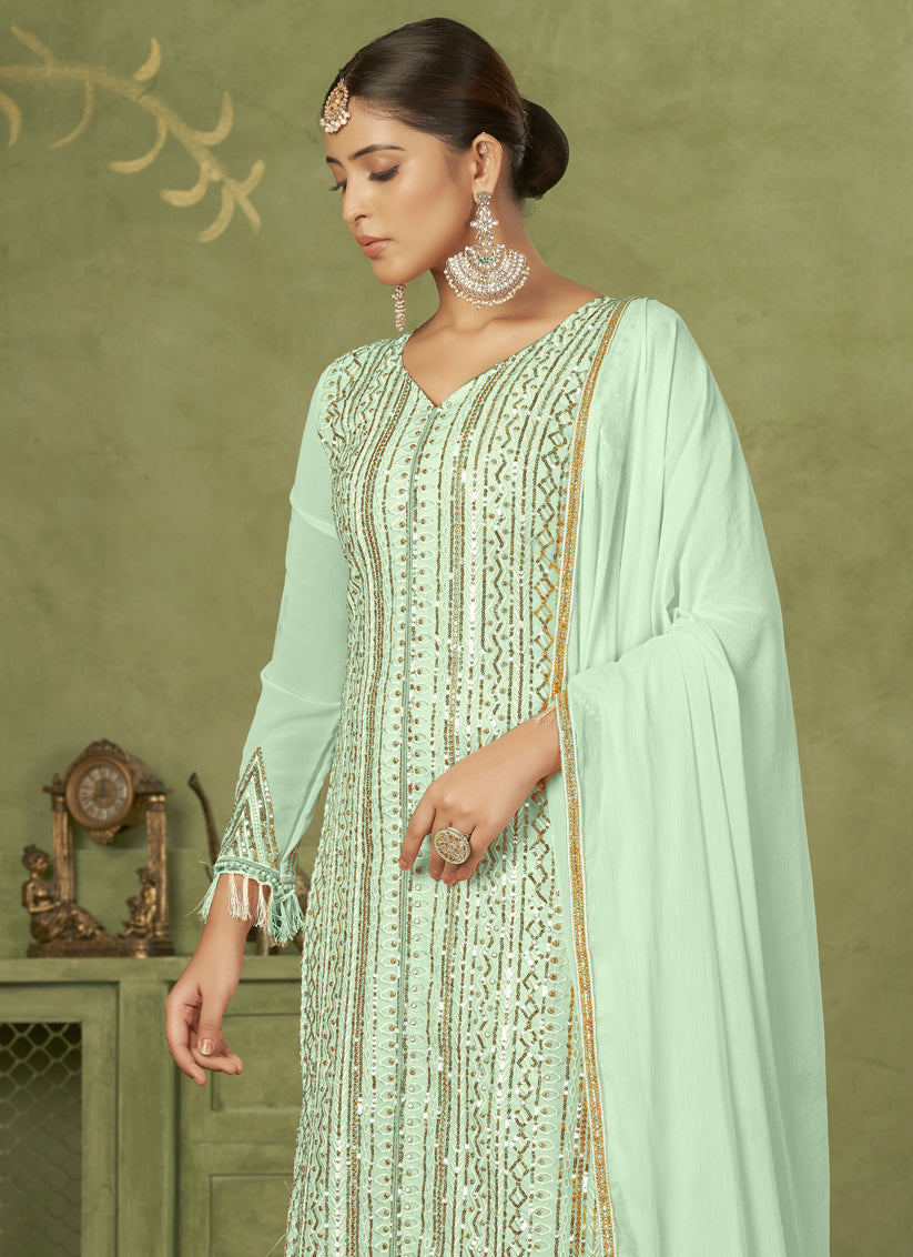 Sea Green Georgette Embroidered Palazzo Suit