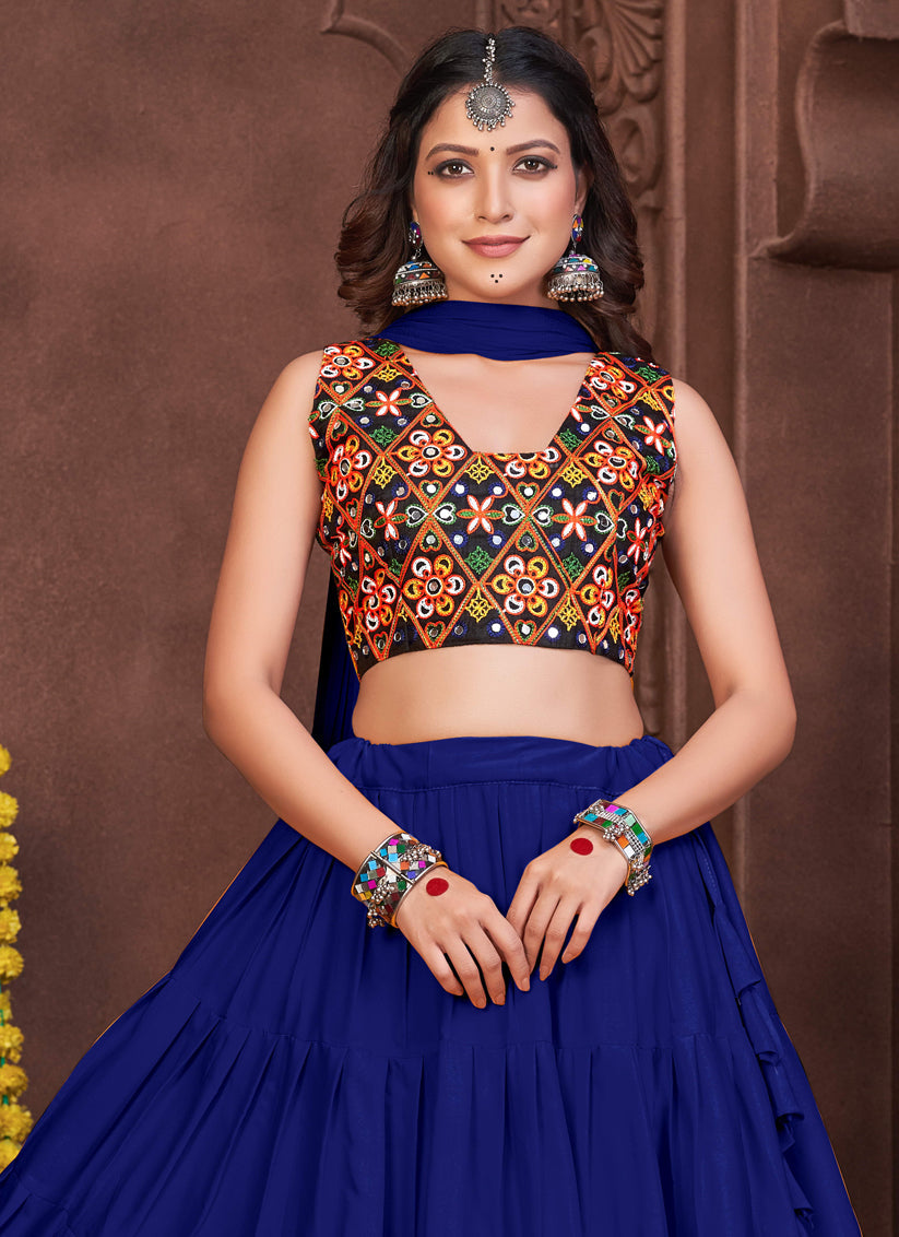 Indigo Blue French Crepe Gamthi Work Navratri Special Chaniya Choli