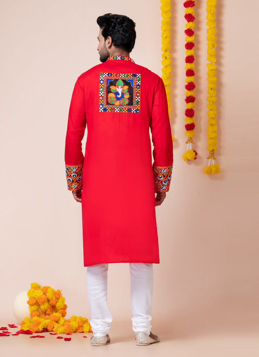 Red Rayon Gamthi Work Navratri Special Kurta Set