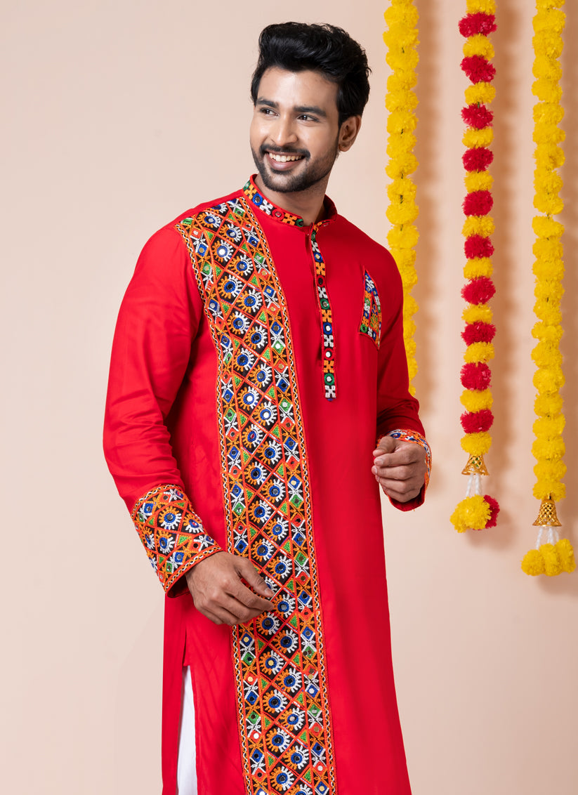 Red Rayon Gamthi Work Navratri Special Kurta Set