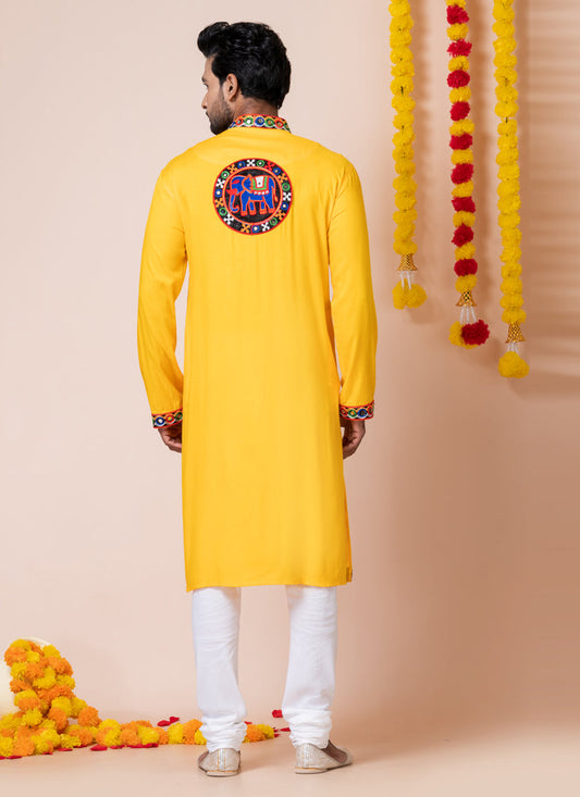 Yellow Rayon Gamthi Work Navratri Special Kurta Set