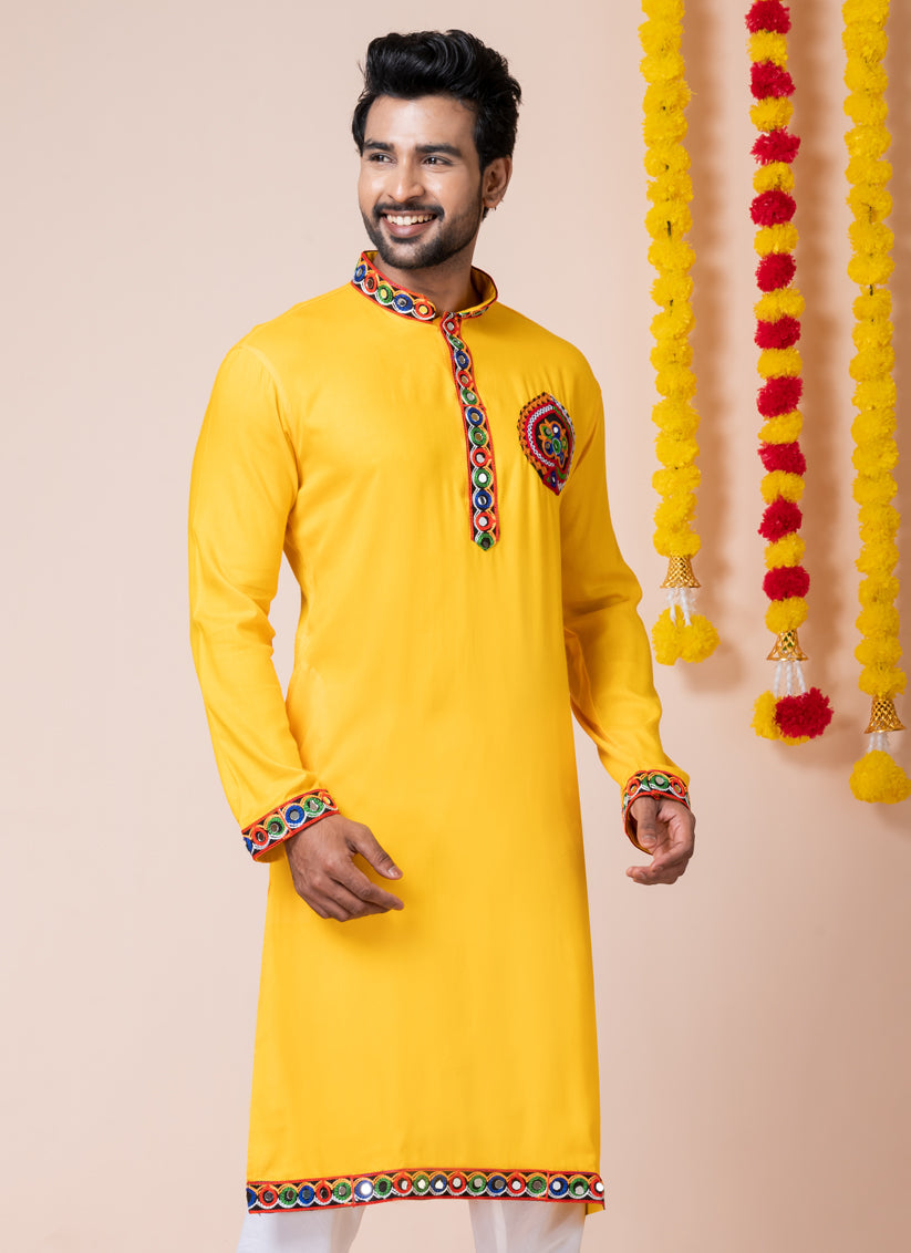 Yellow Rayon Gamthi Work Navratri Special Kurta Set