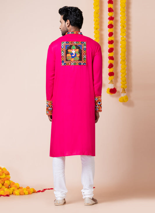 Rani Pink Rayon Gamthi Work Navratri Special Kurta Set