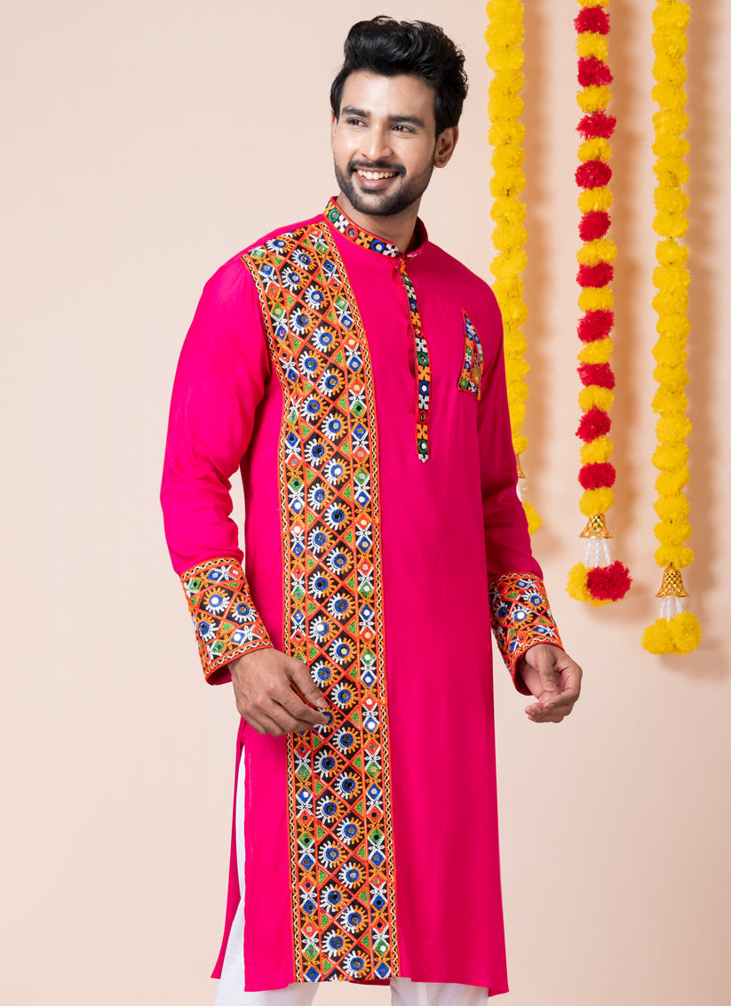 Rani Pink Rayon Gamthi Work Navratri Special Kurta Set