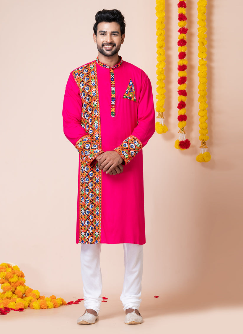 Rani Pink Rayon Gamthi Work Navratri Special Kurta Set