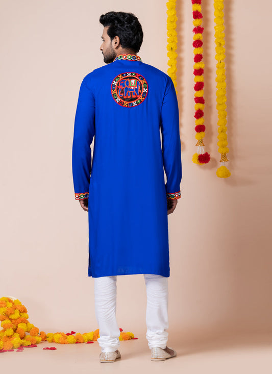 Royal Blue Rayon Gamthi Work Navratri Special Kurta Set