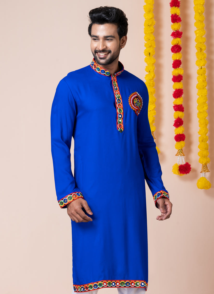 Royal Blue Rayon Gamthi Work Navratri Special Kurta Set