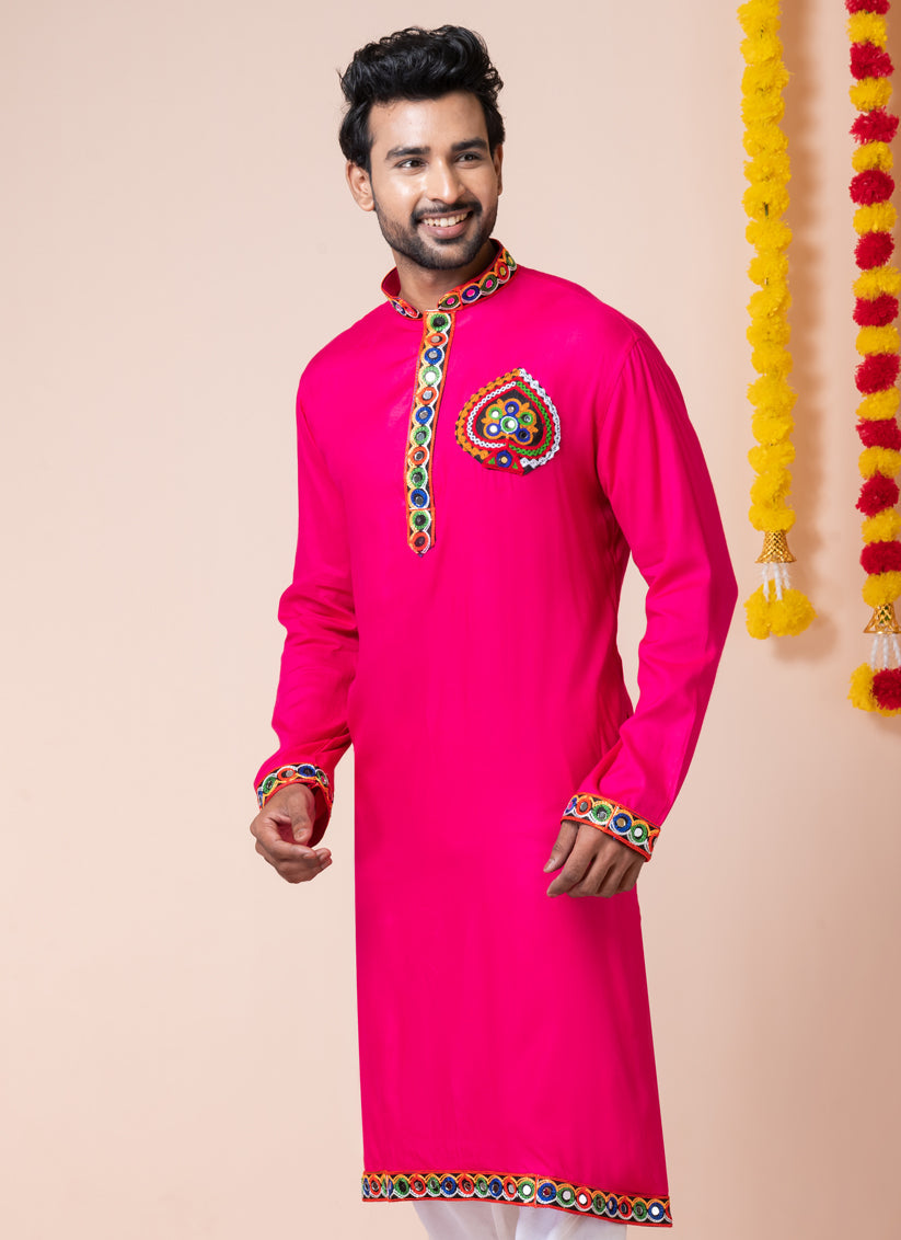 Rani Pink Rayon Gamthi Work Navratri Special Kurta Set